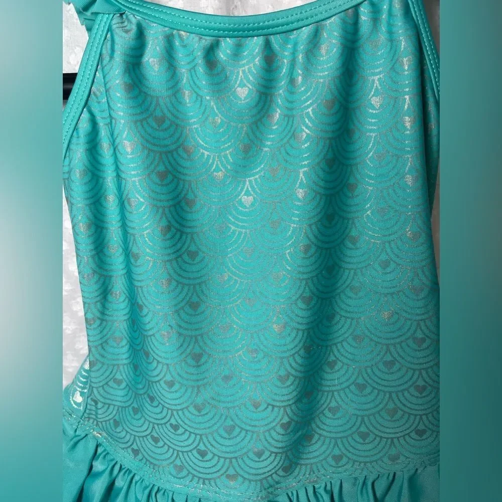 Cat & Jack Swimsuit Youth 4/5 Mermaid Teal Silver Ruffled Strap Girls Swim Beach